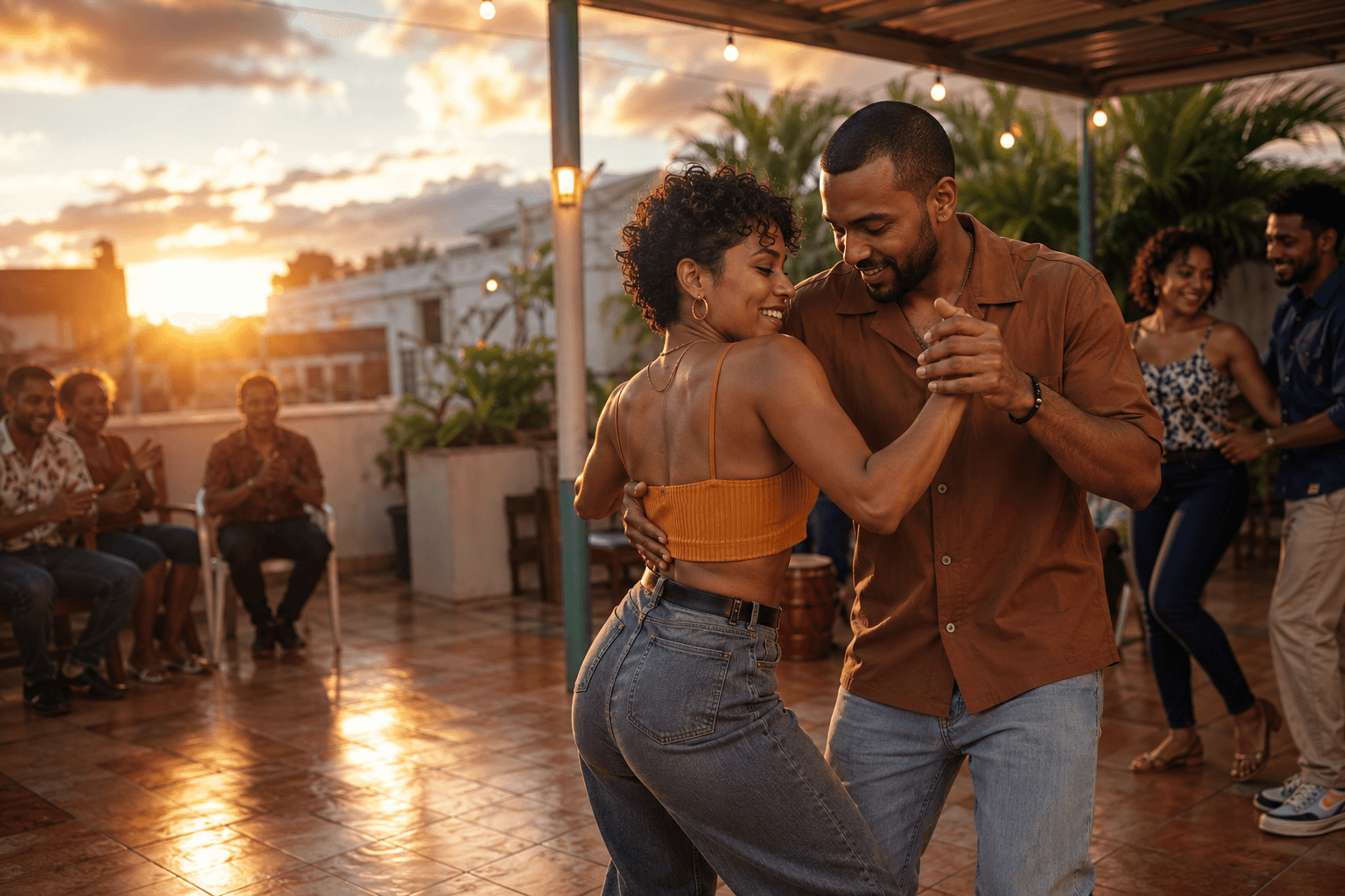 Couples dancing together on a Dominican terrace at sunset.