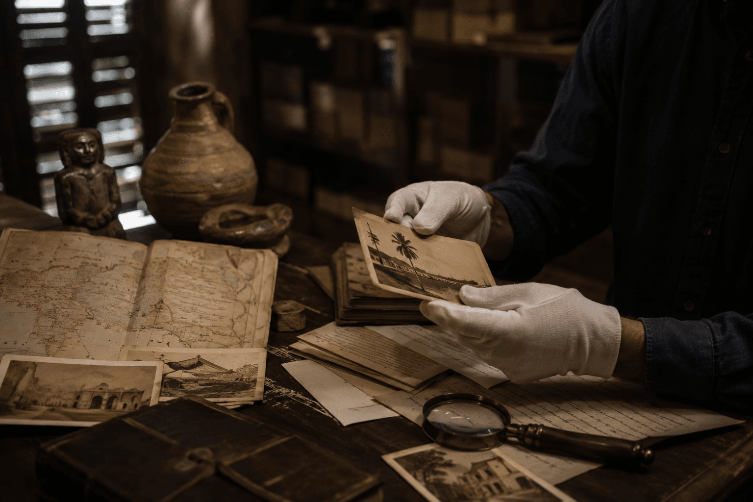 An archivist examining historical photographs, maps, and artifacts from Dominican history.
