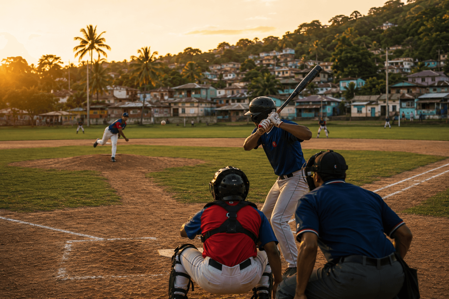 A baseball game on a Dominican community field at sunset.