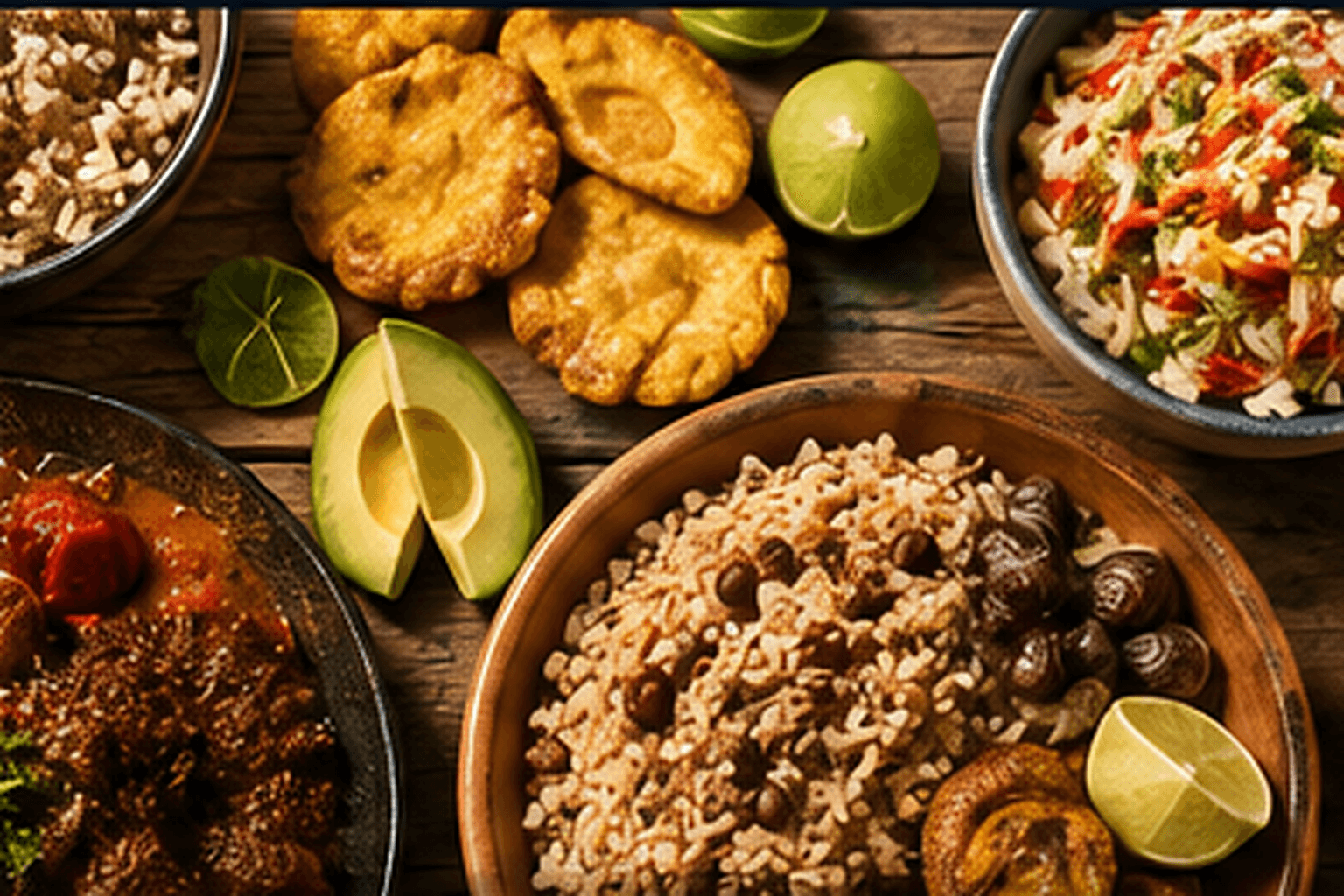 Editorial artwork of a Dominican-inspired table with rice, beans, plantains, avocado, and fresh sides.