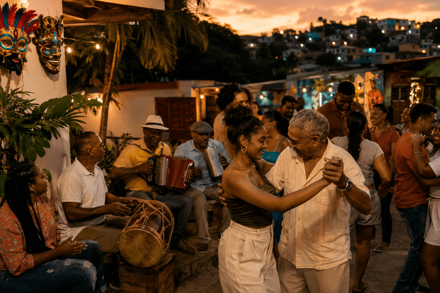 Encuentro comunitario dominicano multigeneracional con bailarines, músicos, tambores, acordeón y máscaras de carnaval al atardecer.