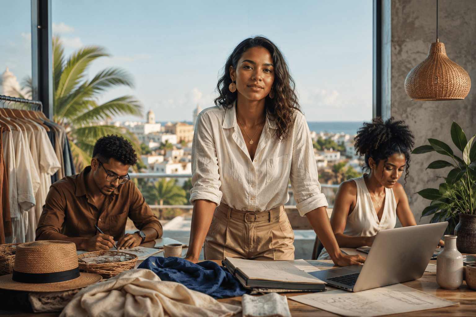 Dominican entrepreneurs collaborating in a creative workspace