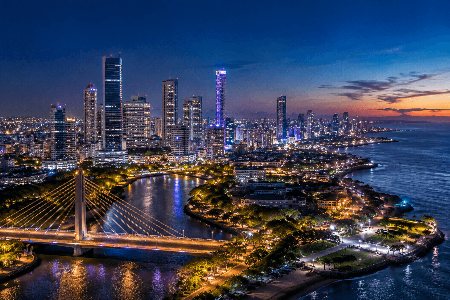 Editorial cityscape representing Dominican urban life and coastal cities.