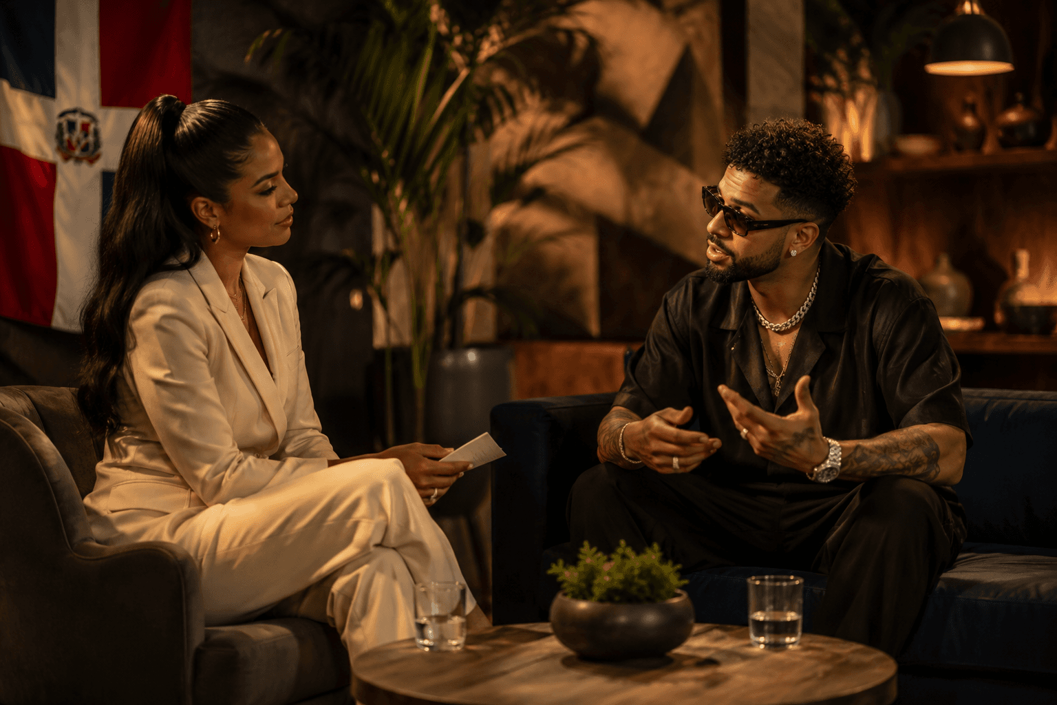 Conversación de entrevista editorial en un ambiente de inspiración dominicana