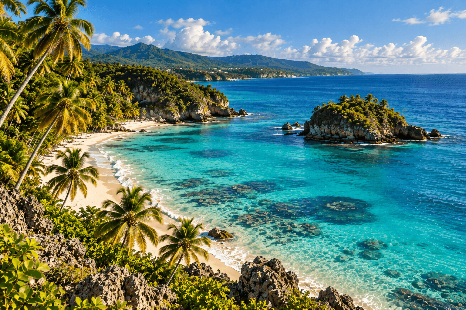 Editorial view of a tropical Dominican-inspired coastline with turquoise water, palms, limestone coves, and a small offshore islet.