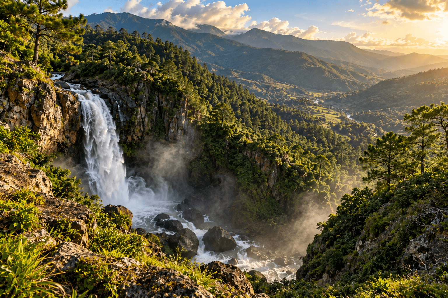 Editorial mountain landscape with a powerful waterfall, pine-covered ridges, a rocky river, and golden-hour light.