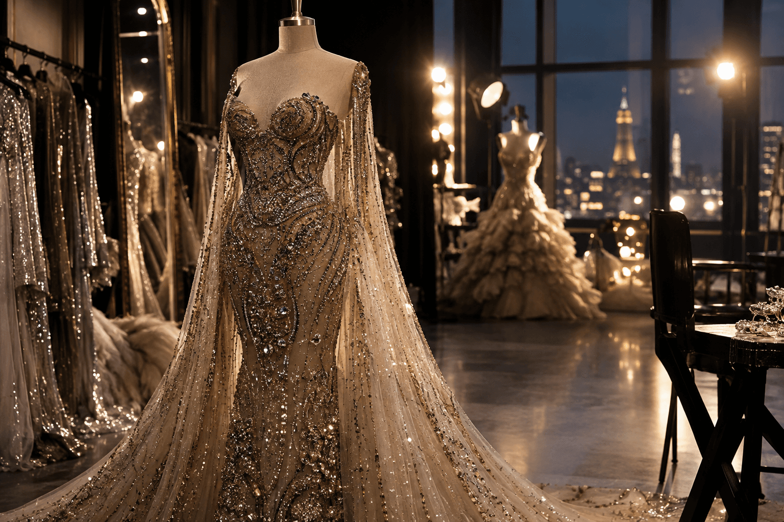 Beaded couture gown displayed in a dramatic atelier under warm city lights.