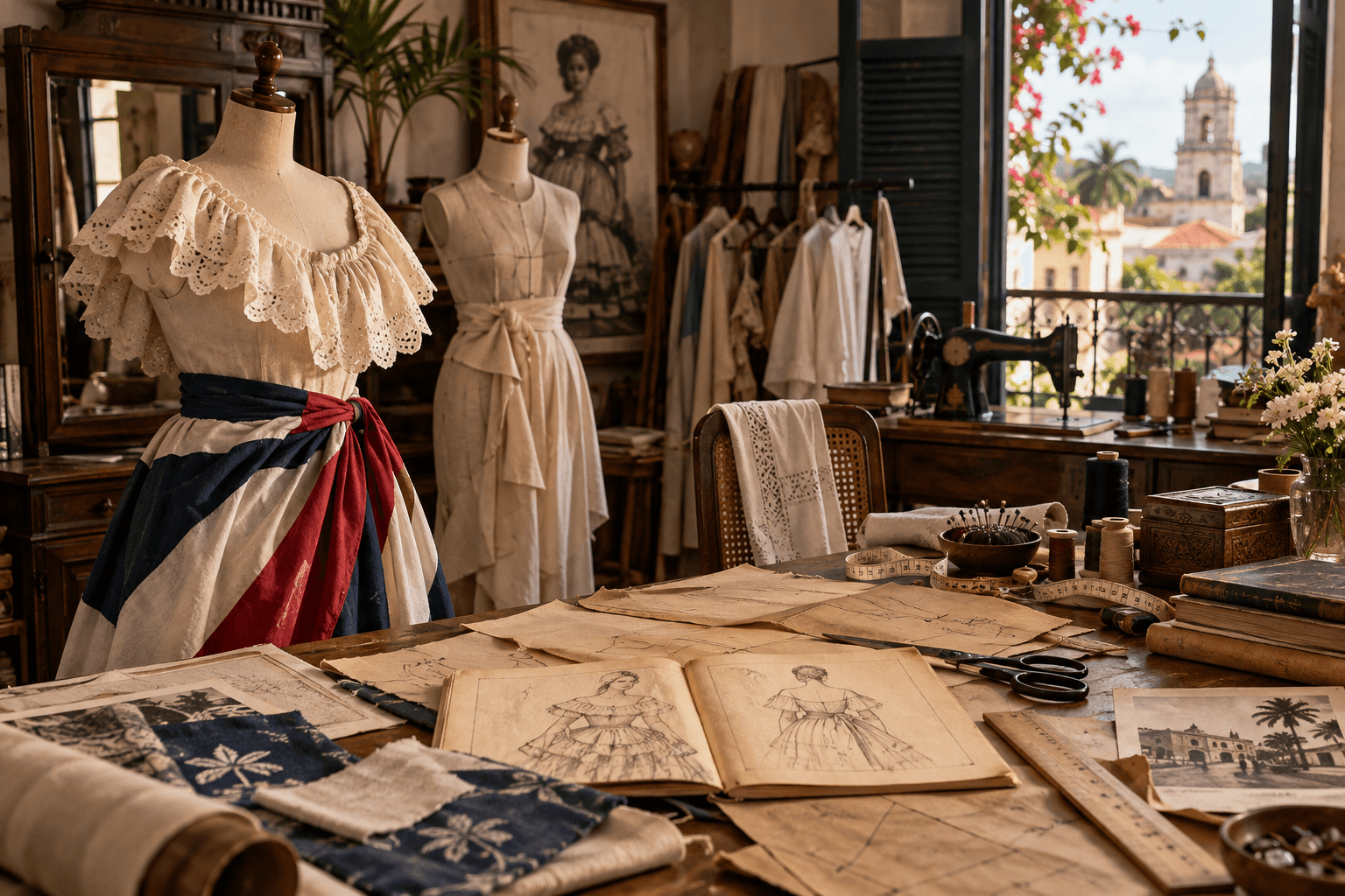 Historic-feeling Dominican dressmaking atelier with sketches, fabrics, and dress forms near a colonial city view.