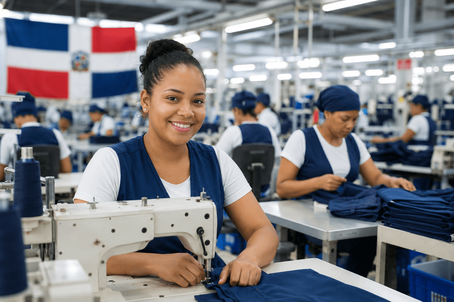 A smiling Dominican garment worker at a sewing station in a modern production facility.