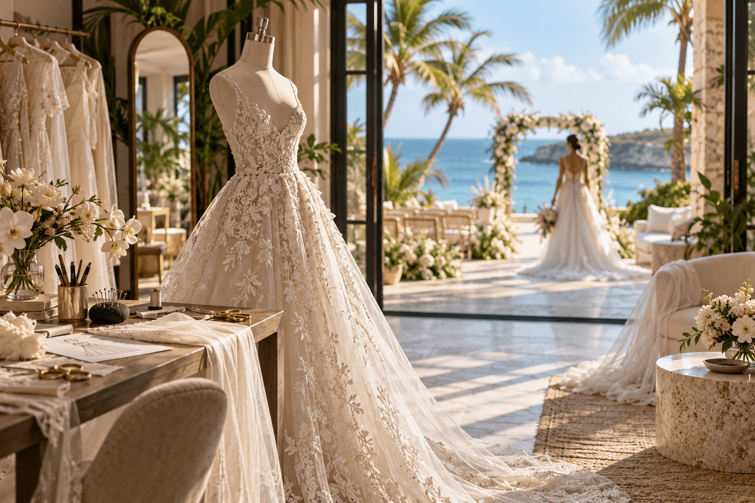 Luxury bridal atelier open to an ocean view, with wedding gowns and a tropical resort atmosphere.