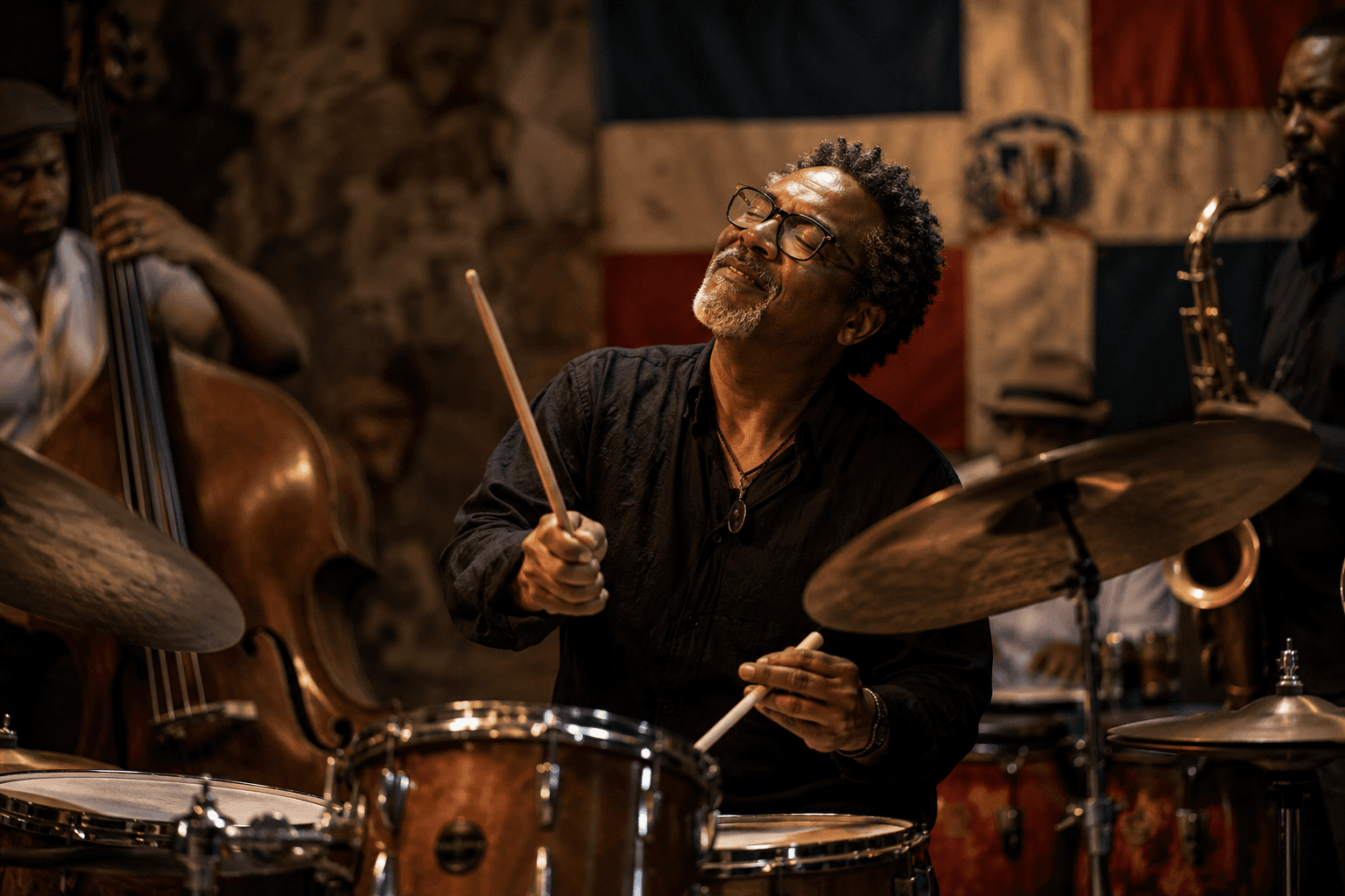Symbolic editorial visualization of a Dominican jazz drummer performing with an ensemble.