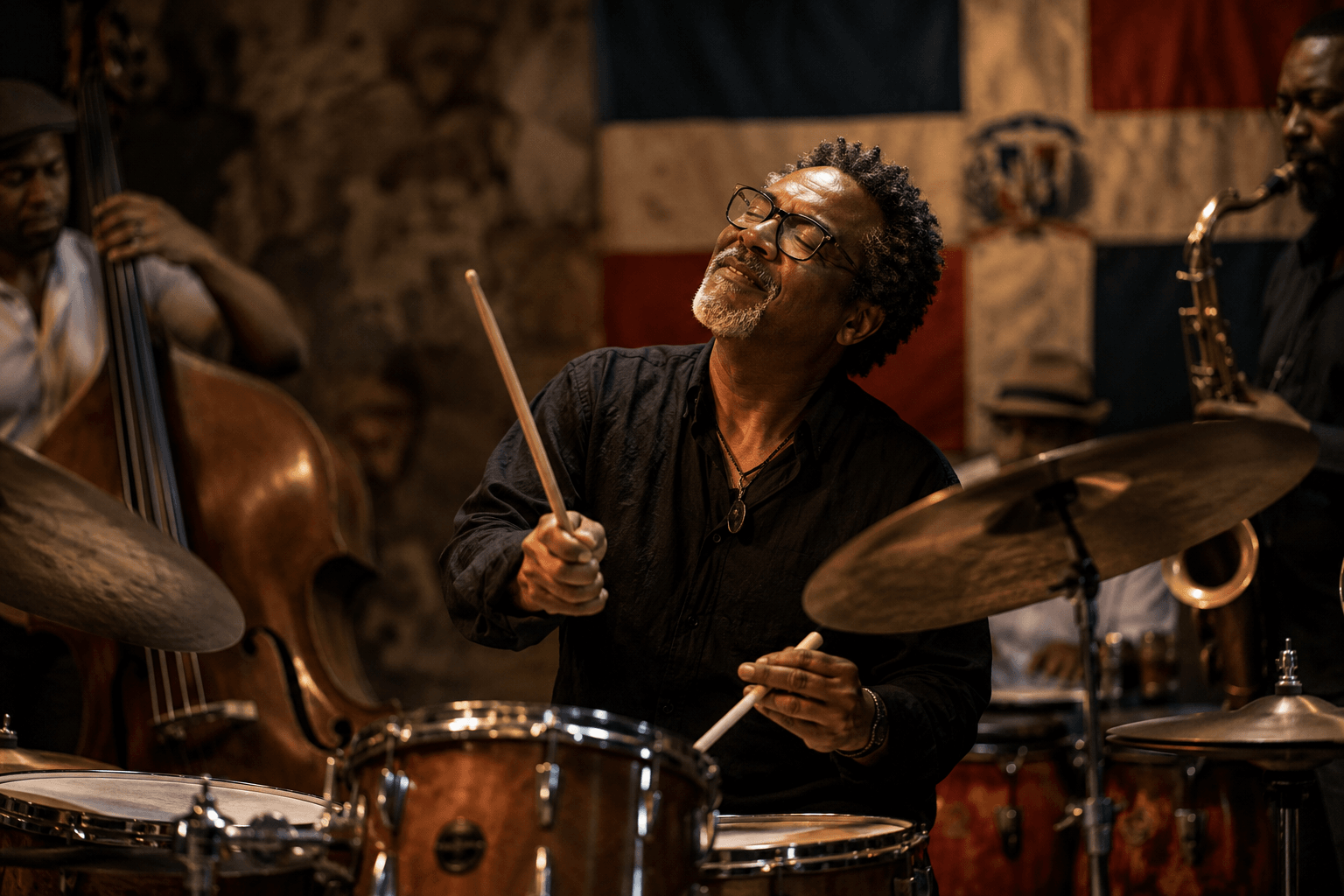 Visualización editorial simbólica de un baterista dominicano de jazz actuando con un conjunto.