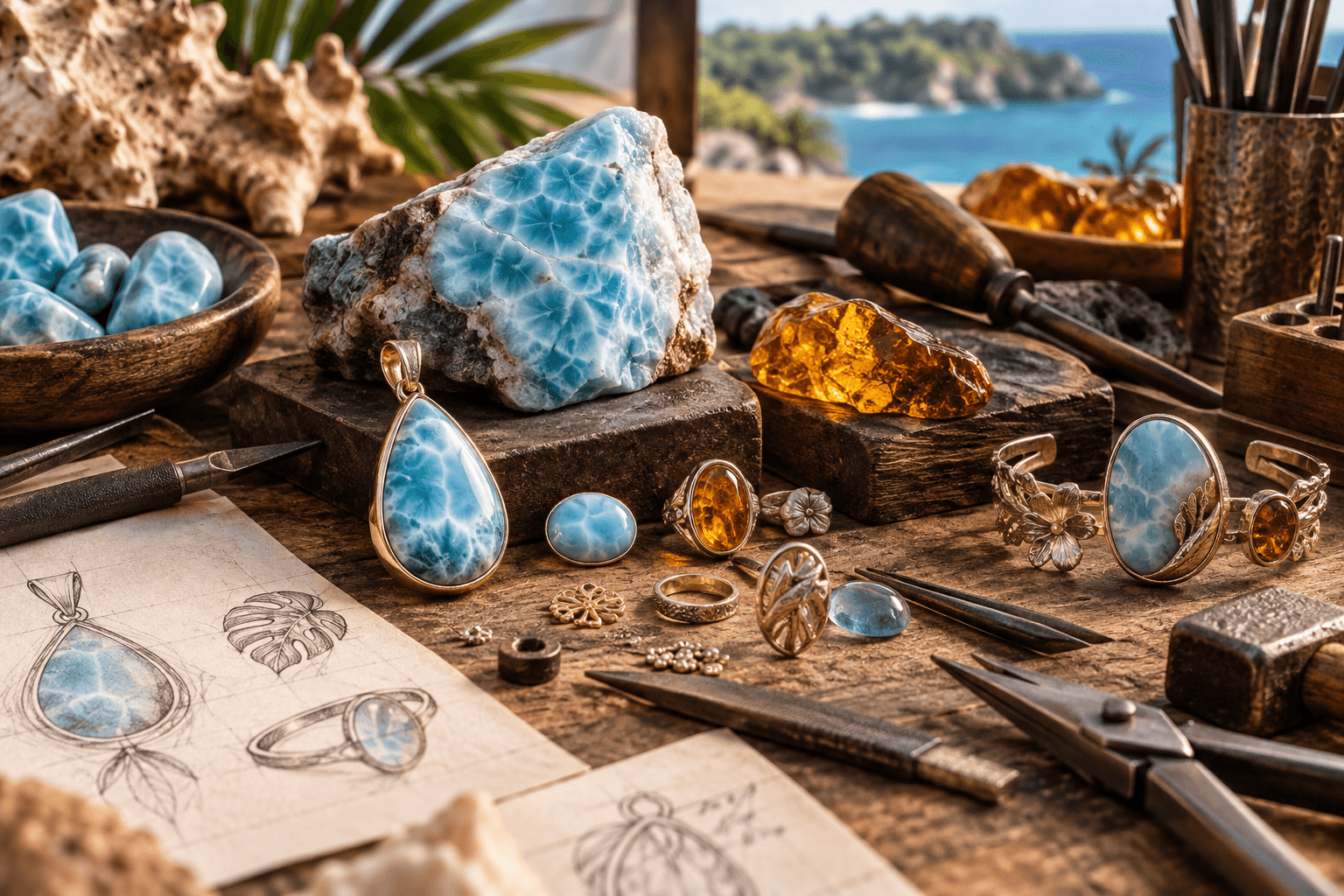 Jeweler’s workbench with larimar-like blue stones, amber pieces, hand tools, and design sketches.