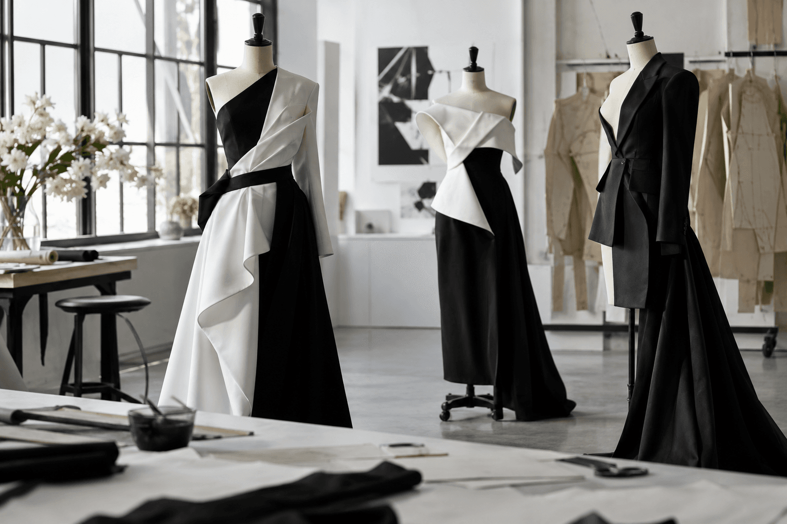 Monochrome couture atelier displaying sharp black-and-white silhouettes on mannequins.