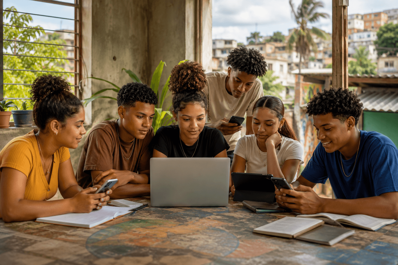 Dominican young people share phones, a laptop and a tablet in a modest community study space.