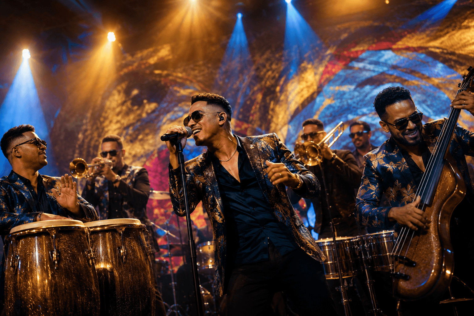 Arte editorial de WSD que representa a Chiquito Team Band en un entorno de actuación.