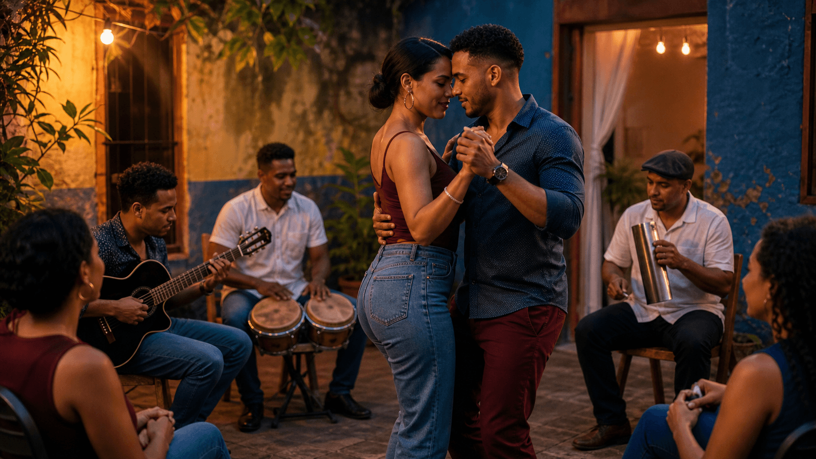 Editorial artwork of Dominican bachata musicians and partner dancers