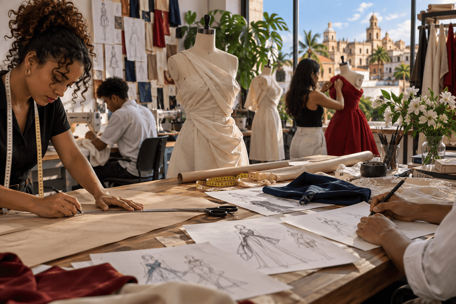 Students work inside a bright Dominican fashion studio with sketches, fabric, and dress forms.