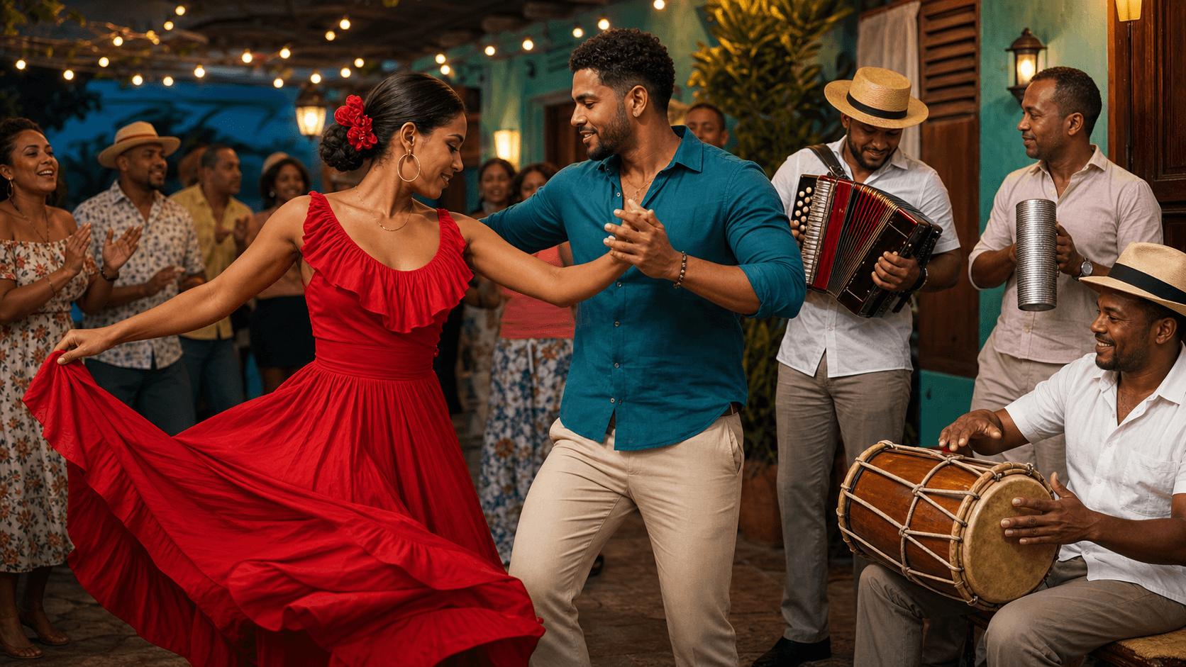 Editorial artwork of Dominican merengue musicians and social dancers