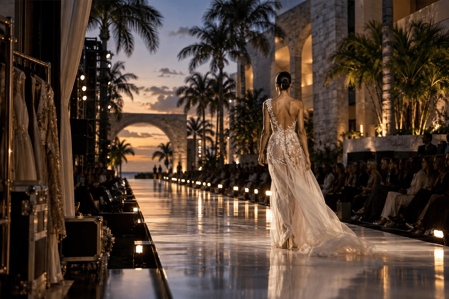 Single-scene tropical runway at twilight with a couture model, audience silhouettes, and backstage garments at the edge.