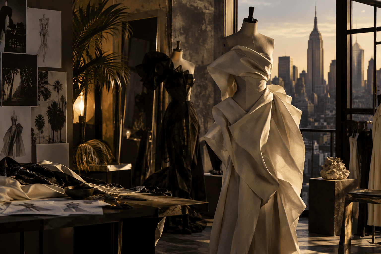 City atelier at golden hour with sculptural garments and a dramatic urban skyline.