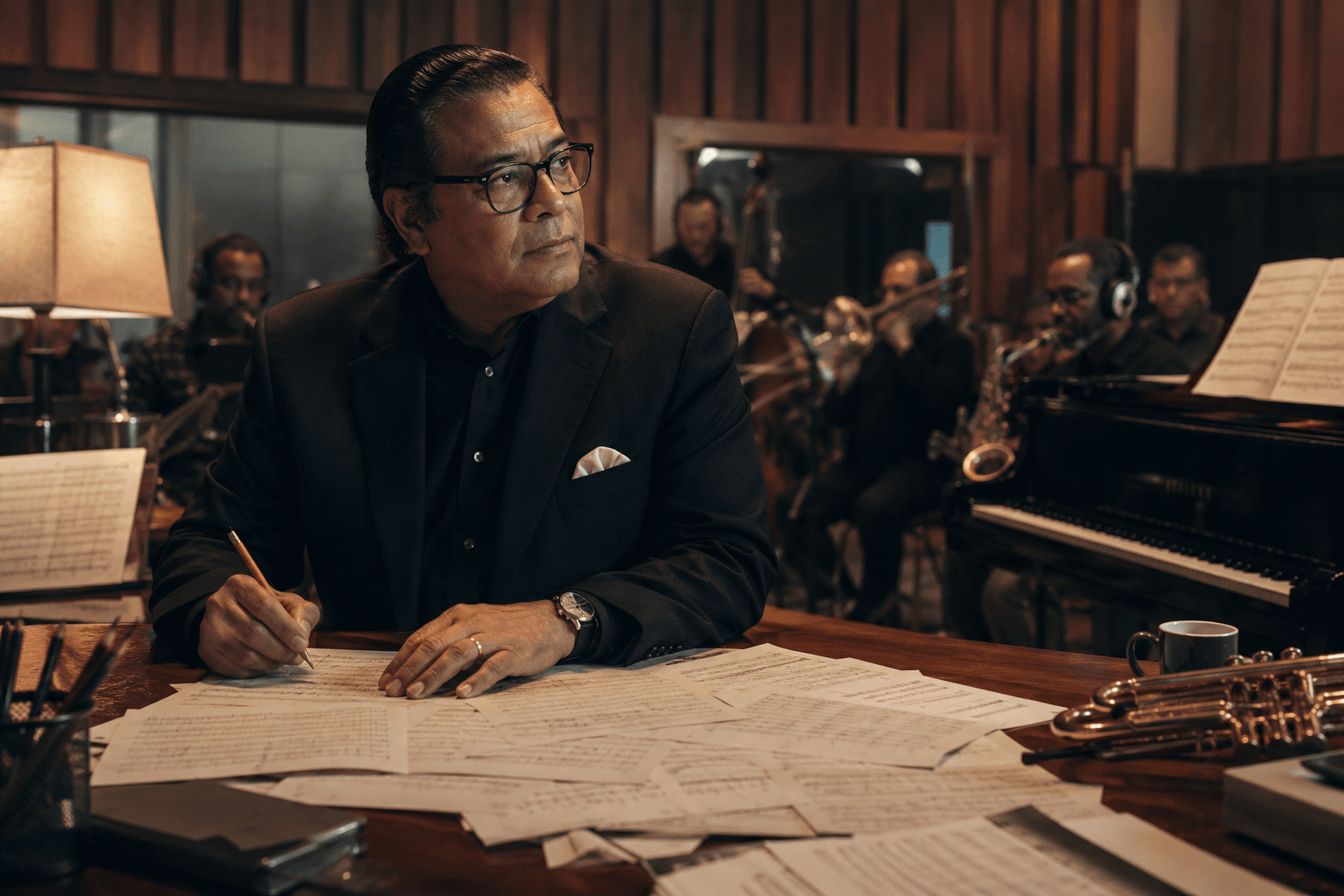 Symbolic editorial visualization of a Dominican composer and arranger working with orchestral scores in a studio.