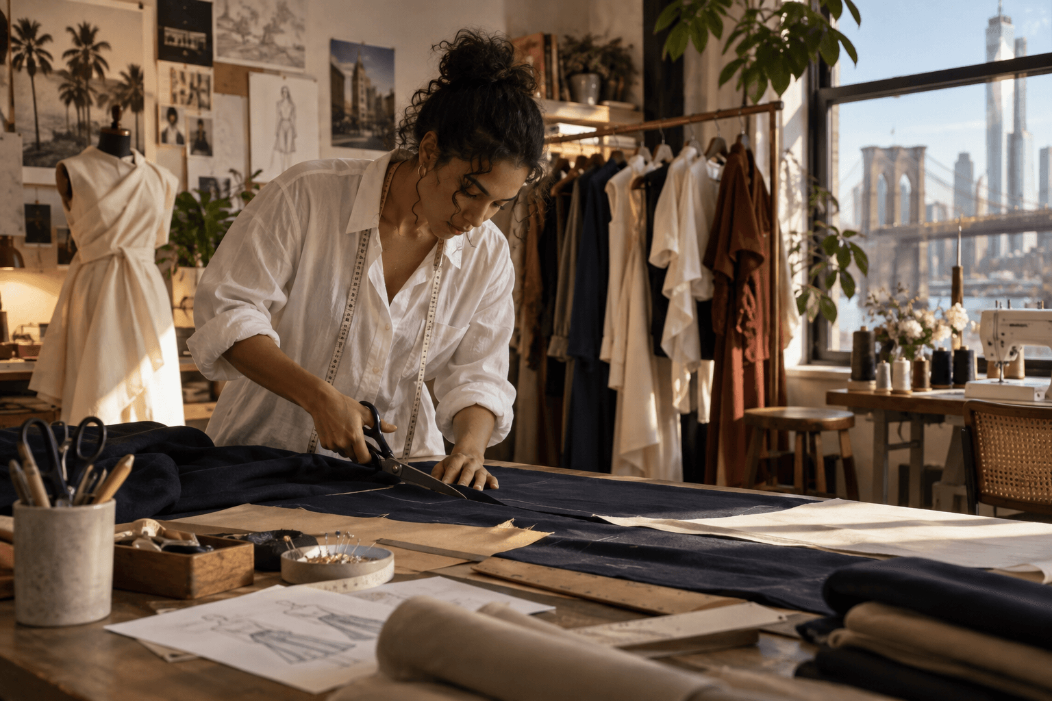 Cinematic small-batch fashion atelier near a bridge and skyline, with tailoring tools and garments in progress.