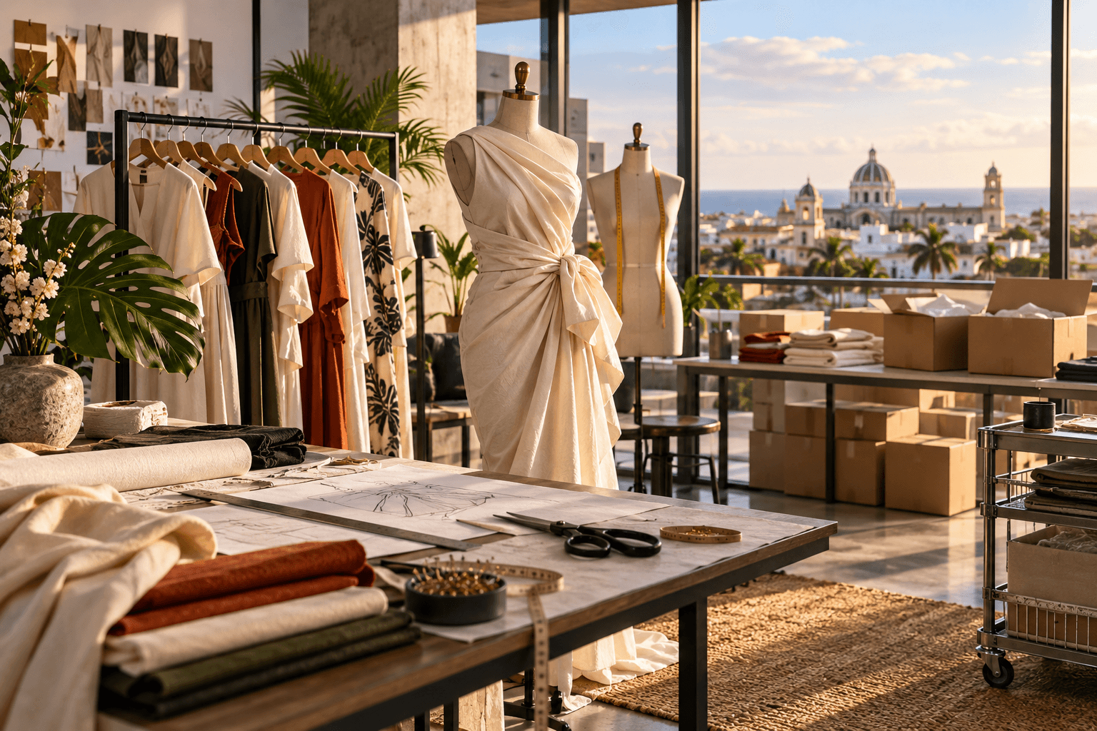 Sunlit Dominican fashion atelier with garments, worktable, packing boxes, and a coastal city view.