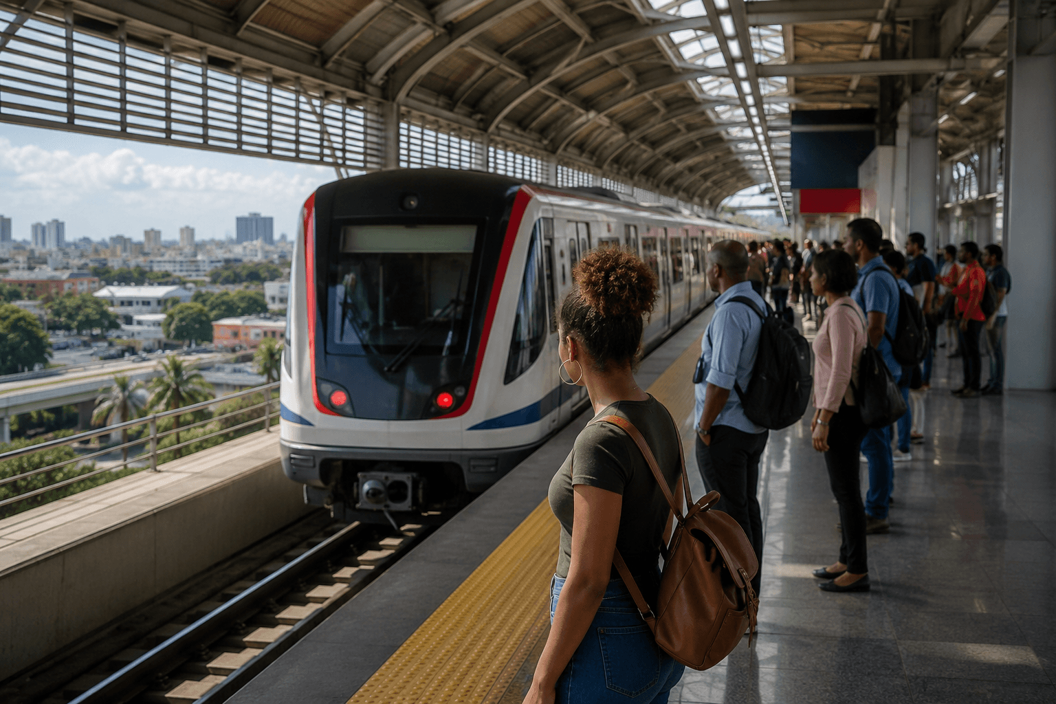 Editorial visualization of commuters waiting beside a Santo Domingo Metro train.