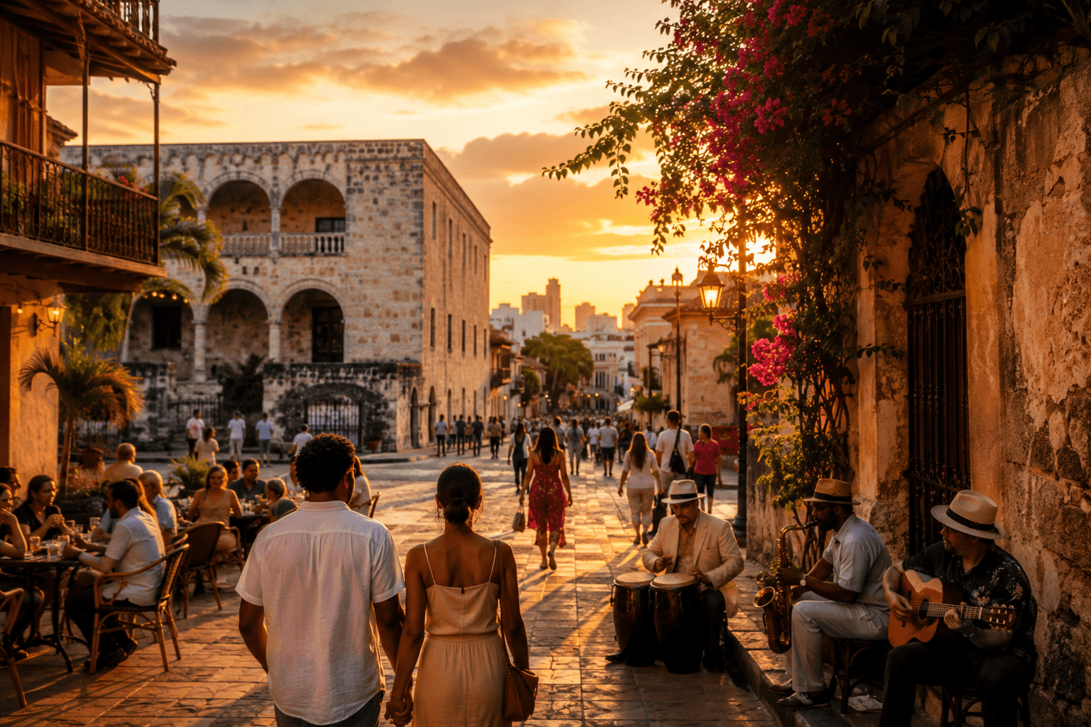 Personas caminan por la Zona Colonial de Santo Domingo al atardecer mientras músicos actúan cerca.