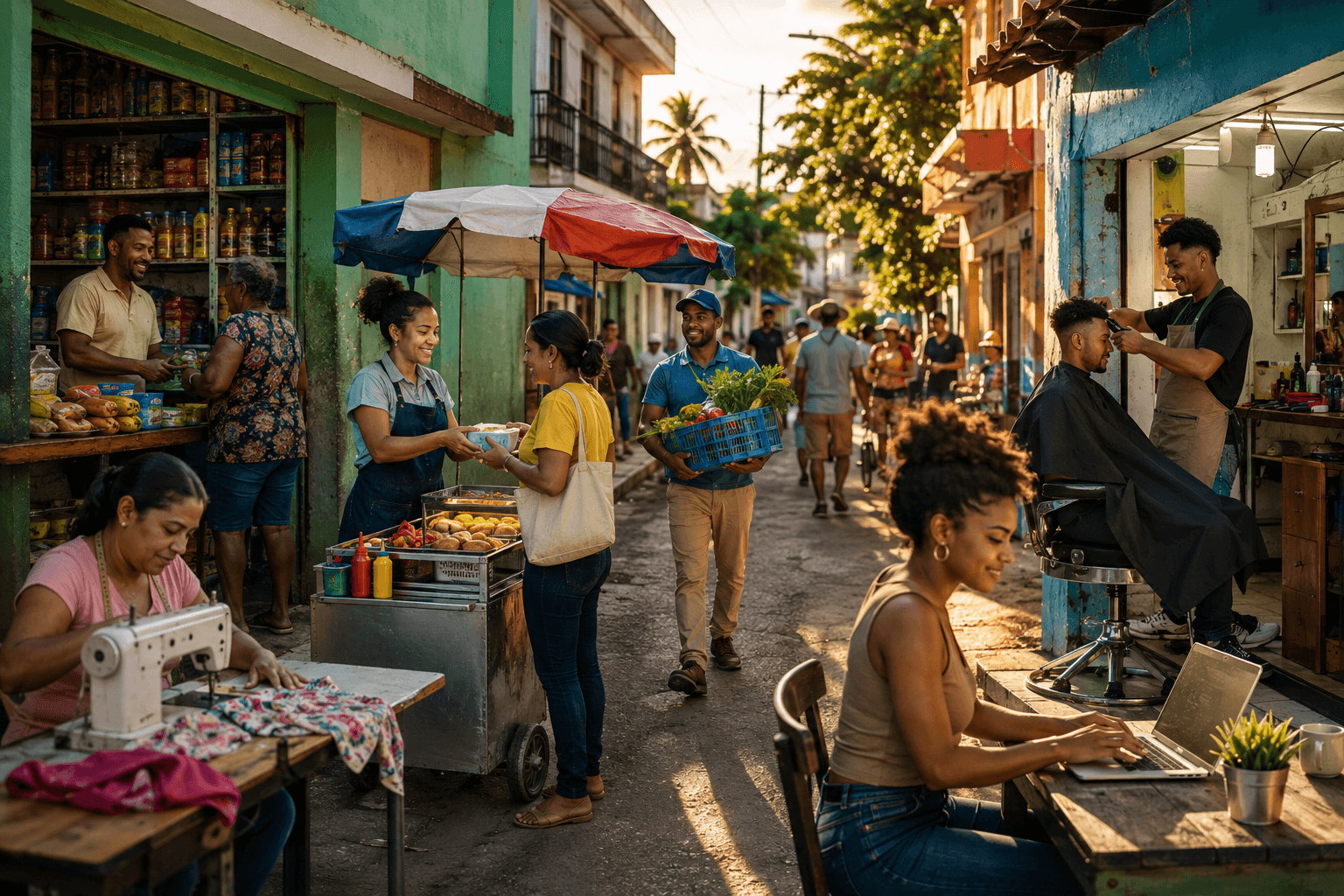 A Dominican neighborhood where a shop, food cart, barber, tailor and other microbusinesses operate together.