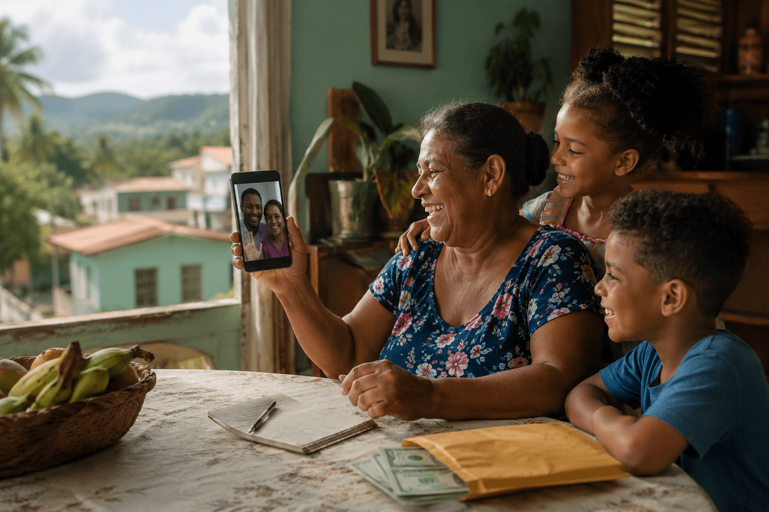 A Dominican family speaking with relatives by video call in a warm home setting.