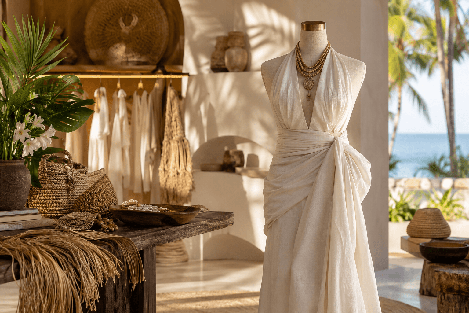 Coastal resort-luxe fashion atelier with natural textures, a draped dress form, and warm Caribbean light.