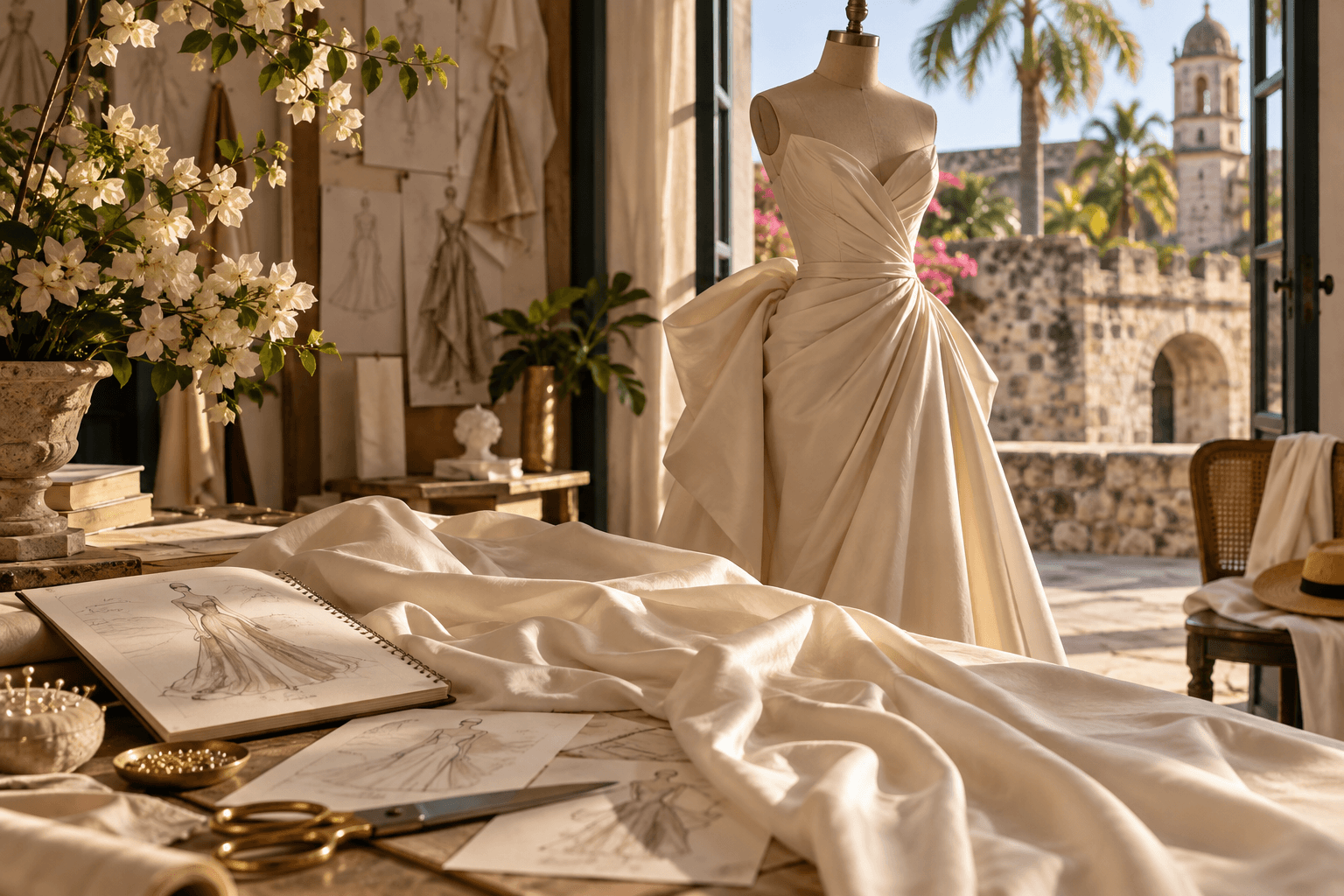Elegant couture atelier with draped fabrics and a refined gown displayed near a sunlit Caribbean-Mediterranean stone view.
