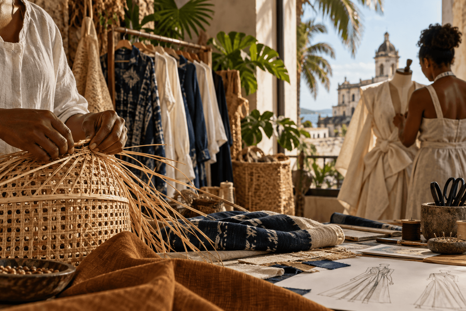 Coastal artisan atelier with handwoven fiber work, fabric, and dressmaking tools in warm Caribbean light.