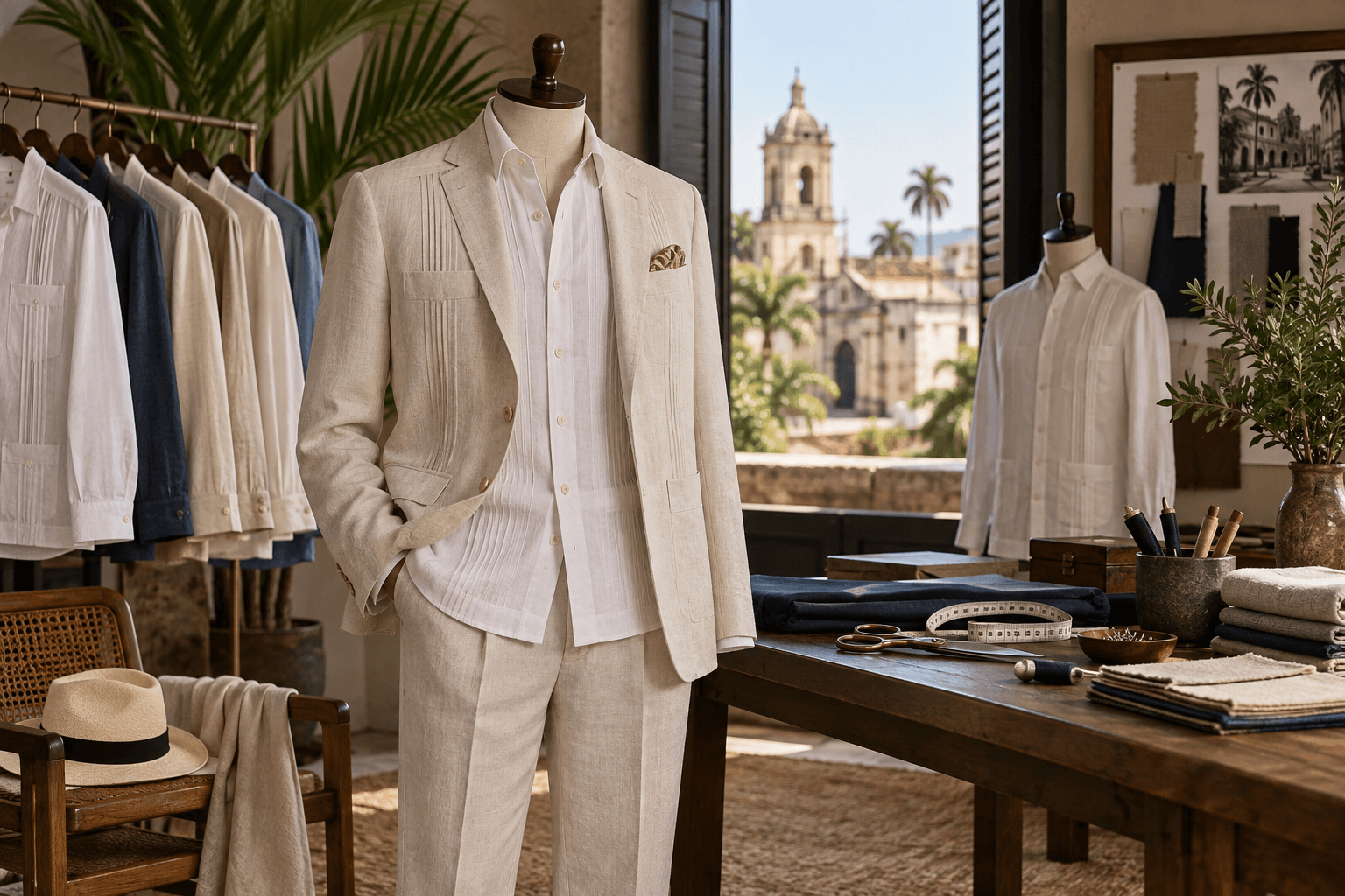Sunlit Caribbean tailoring atelier with cream menswear pieces, hats, and a polished worktable.