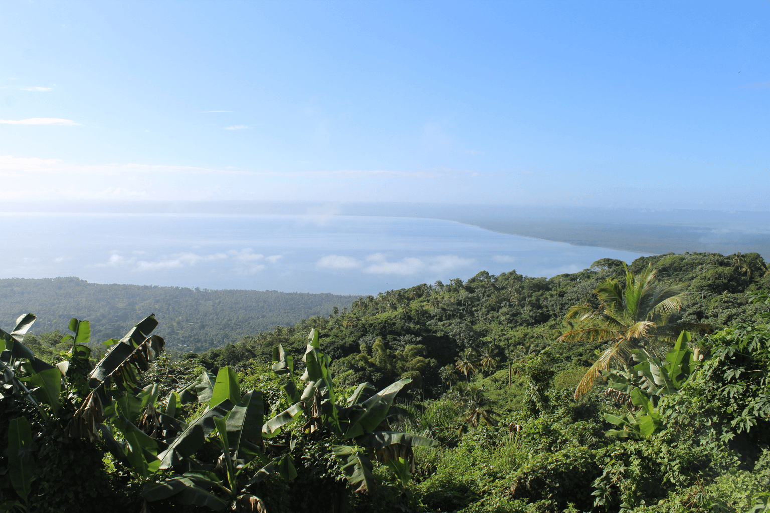 Vista sobre colinas tropicales hacia la Bahía de Samaná en la Península de Samaná, República Dominicana.