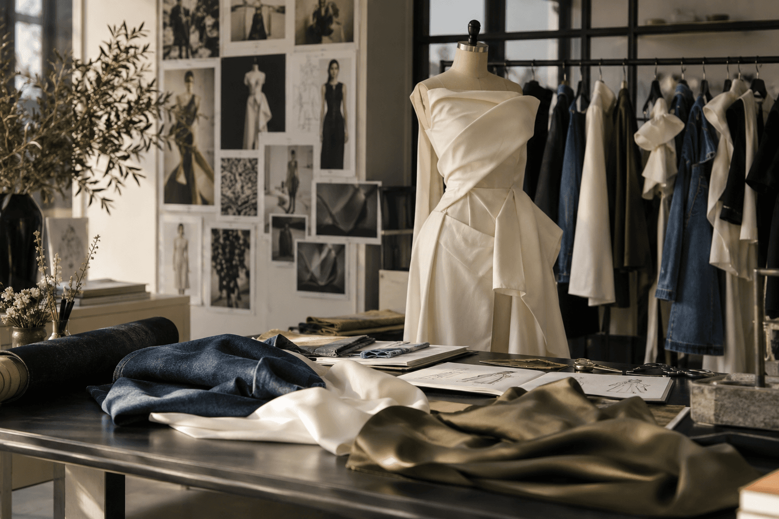 Refined contemporary couture studio with draped garments, moodboard imagery, and tailoring materials.
