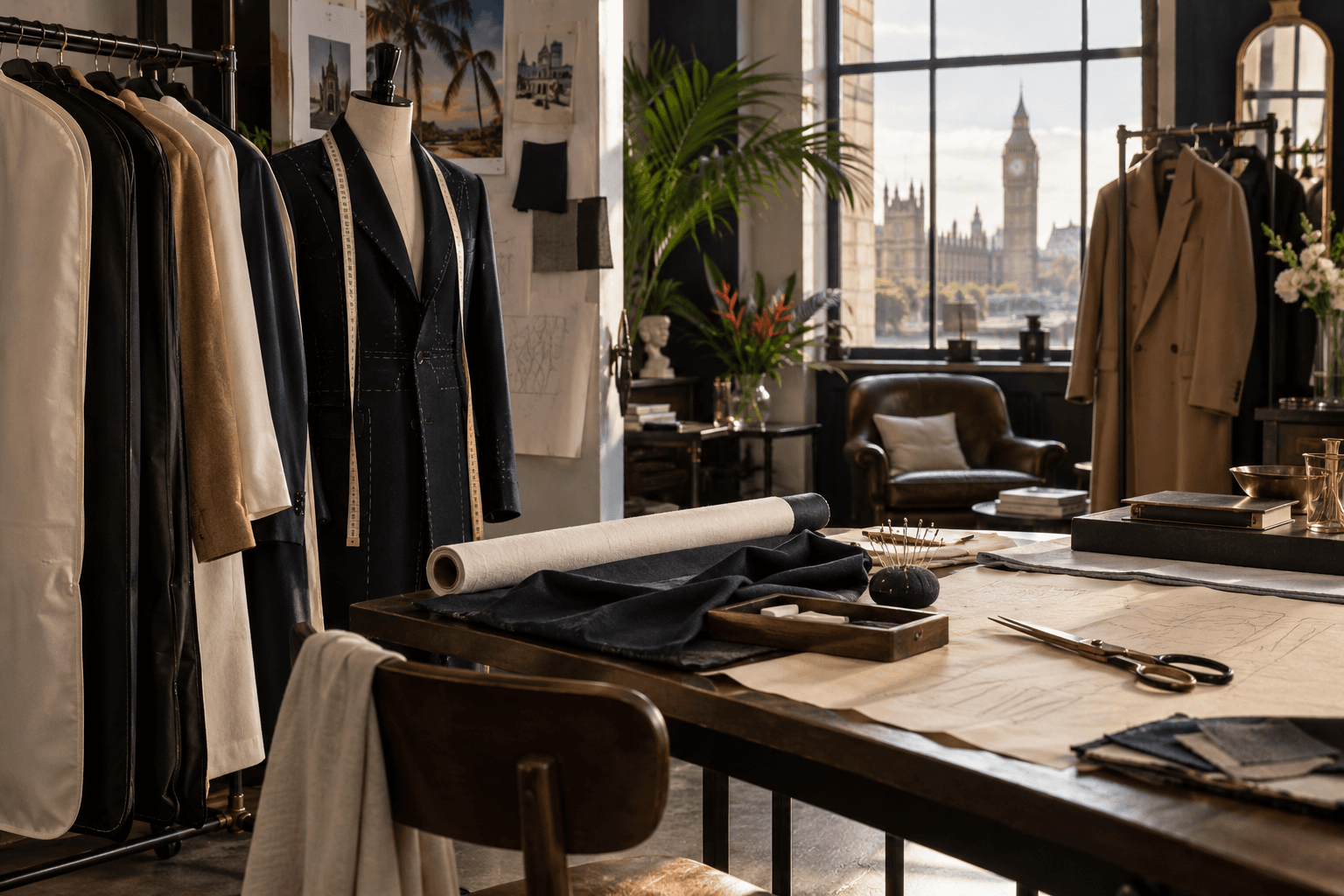 Tailoring atelier overlooking London with neutral garments, a worktable, and refined city atmosphere.